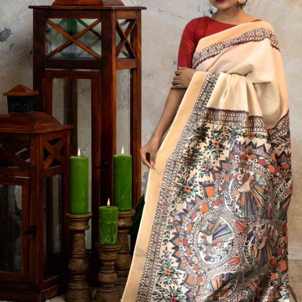 Tussar Saree with Madhubani Bride, Doli, and Kaahar Painting